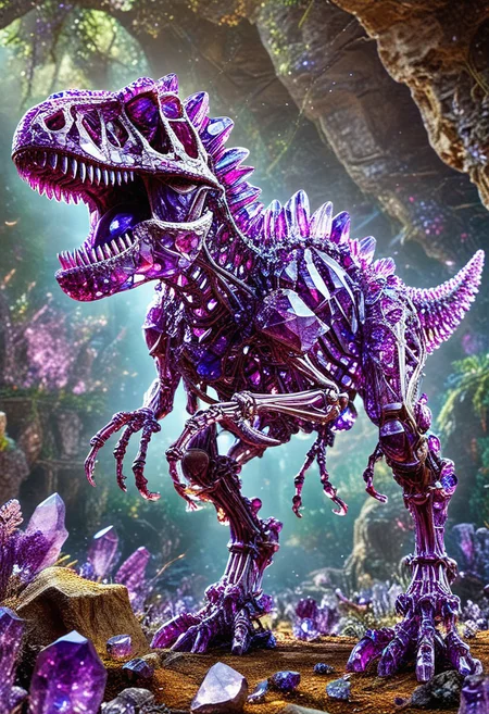 made of sparkling amethyst crystals, core_9, score_8_up, score_7_up, score_6_up, score_5_up, score_4_up score_9,score_8_up, a Shiny Amethyst tyrannosaurus Skeleton facing its right