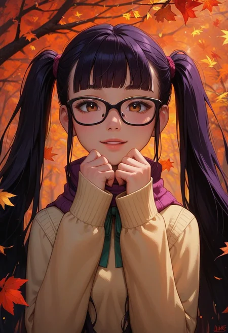 score_9, score_8_up, score_7_up, score_6_up,
1girl, 25 years old, perfect face, cute, petite, looking at viewer,
brown eyes,
purple hair, very long hair, twintails, sidelocks, blunt bangs, green ribbon, floating hair,
glasses, rectangular eyewear, black-framed eyewear,
yellow sweater, purple scarf,
autumn, autumn leaves, wind,
blush, shy smile,
portrait, face focus, detailed face,