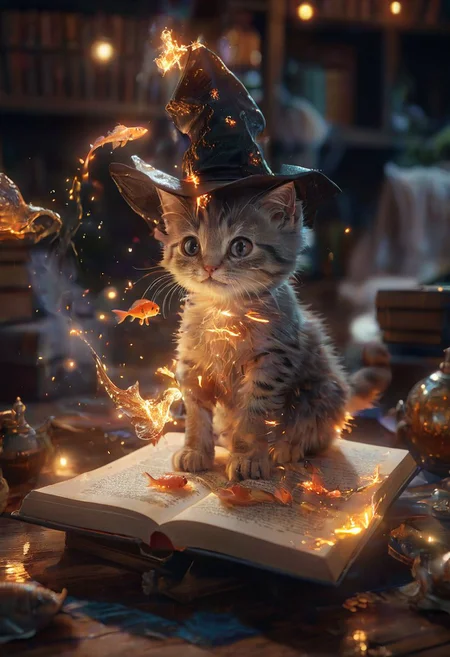 amazing quality, masterpiece, best quality, hyper detailed, ultra detailed, UHD, perfect anatomy, magic world, (kitten and fish:1.4), fish in the air, spell magic to get fresh fish as food,( fish jumping from magic book:1.3), energy flow, a full body of a cute kitten, kawaii, wearing witches robe, witches hat, holding magic book, magic book on one hand, spell magic, <lora:add-detail-xl:1.0>, extremely detailed, <lora:glowneon_xl_v1:0.75> glowneon, glowing