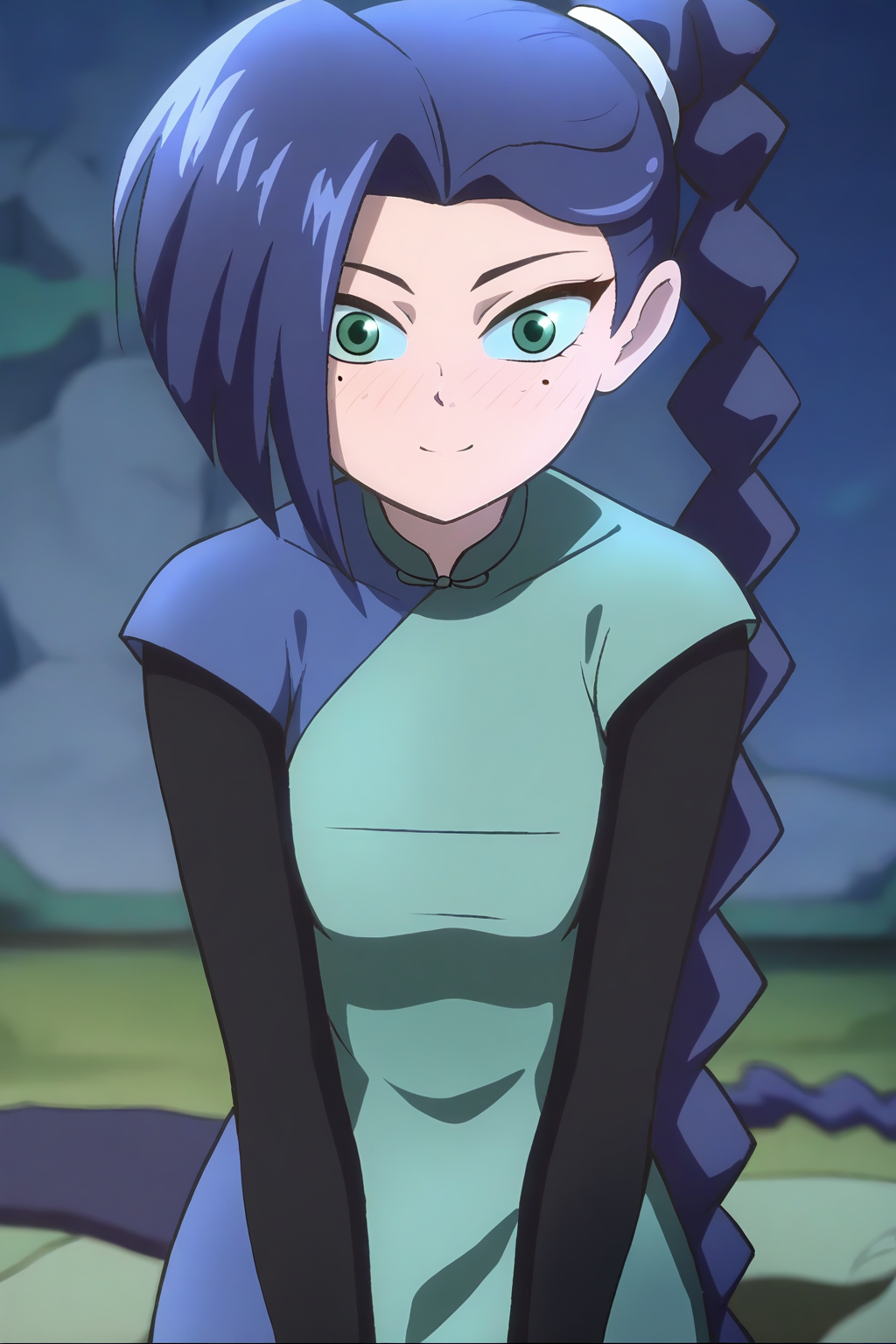 <lora:meihuashisan:1>,meihuashisan,1girl,solo,long hair,blue hair,mole,mole under eye,green eyes,
layered sleeves,short over long sleeves,braided ponytail,long sleeves,dress,blue dress,chinese clothes,braid,single braid,
smile,blush,light_blush,looking at viewer,, masterpiece,best quality,amazing quality,absurdres, anime screenshot, lazypos ,
