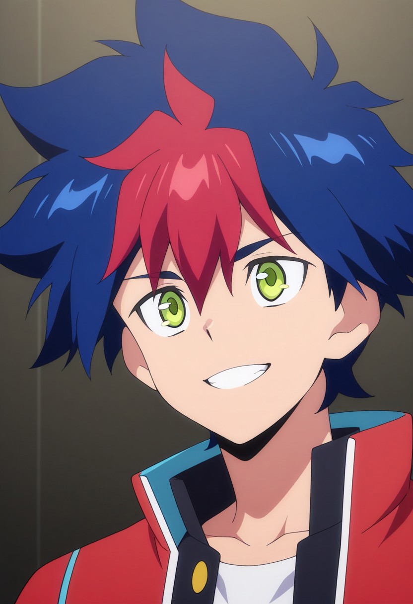 masterpiece,best quality,amazing quality, source_anime,
RaitoTenryu, 1boy, male focus, solo, green eyes, multicolored hair, blue hair, red hair, gakuran, shirt, white shirt, jacket, red jacket, open jacket, smile, grin, portrait,