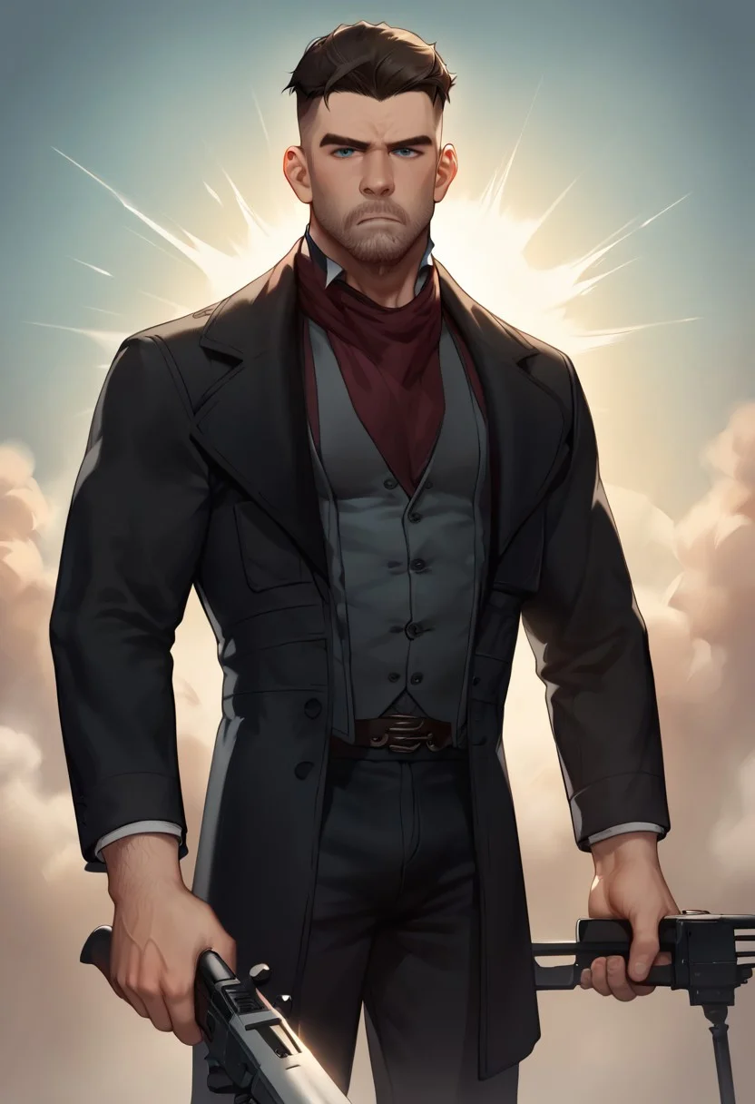 ((Amine, flat, 2d)), score_9, score_8_up, score_7_up, score_6_up, perfect anatomy, perfect proportions, best quality, masterpiece, high_resolution, high quality, solo male, Geoffrey McCullum, dark brown hair, crewcut, neat hair, short hair, grey-blue eyes, facial hair, stubble, black trench coat, grey vest, dark red cravat, black pants, (wrist mounted crossbow on left hand), adult, mature, masculine, manly, handsome, charming, alluring, intense eyes, look at viewer, upper body, fighting stance, leaning forward, dynamic, cinematic, emphasis lines, dark atmosphere, misty, fog