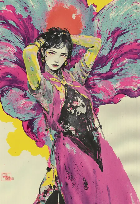 model , crystallisation, schizophernia, bioluminescent Jem the Hologram, surreal psychedelic flowing avant-garde art by Yoh Nagao and Erik Madigan Heck and Alan Aldridge, 1980's new wave totally radical fashion.,side view, side eye,