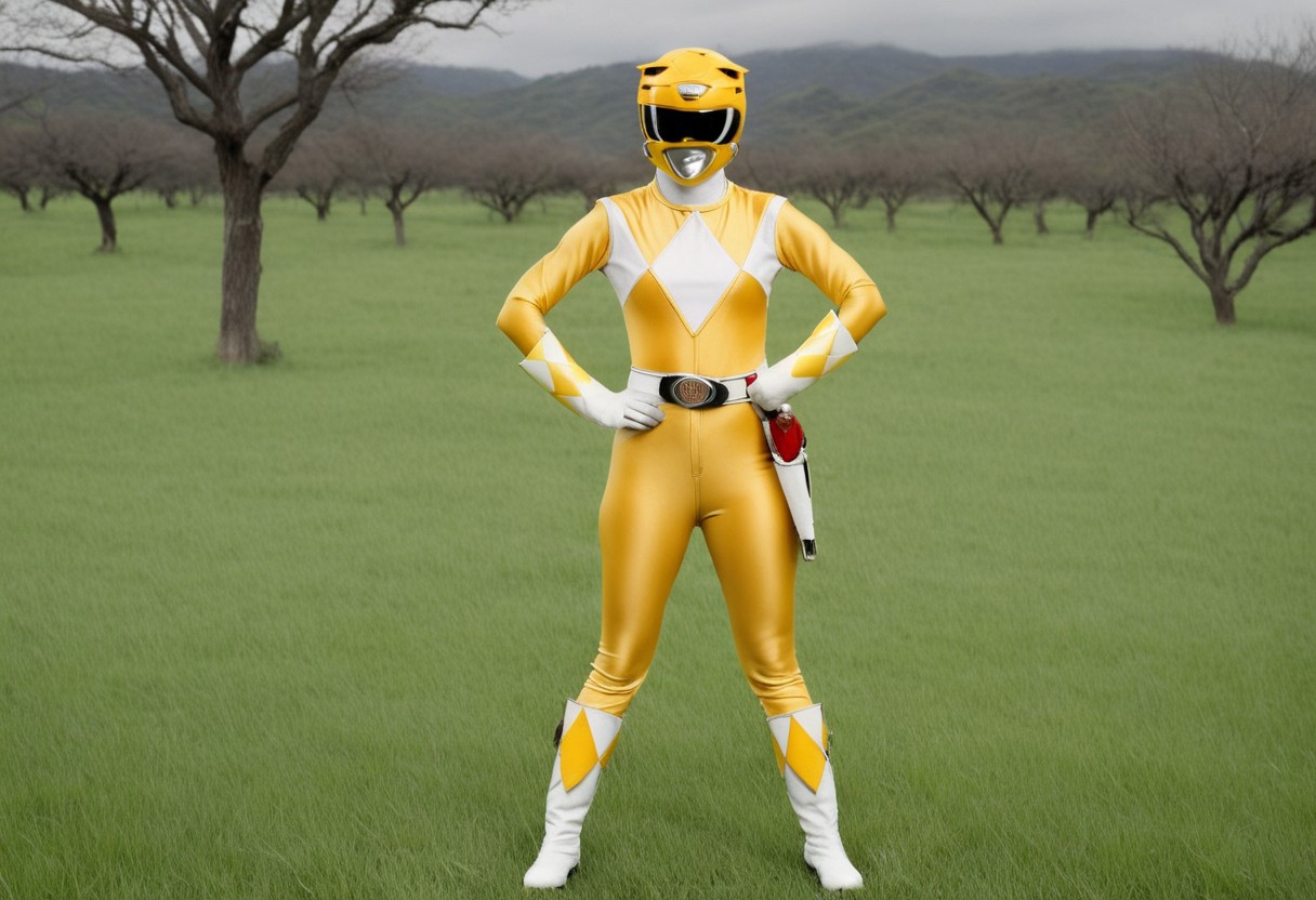 female yellow power ranger, morphed, helmet, uniform, yellow catsuit, white gloves boots belt, holstered weapon, facing camera, standing square-on, arms down by sides, legs together, in rural park, full body photo