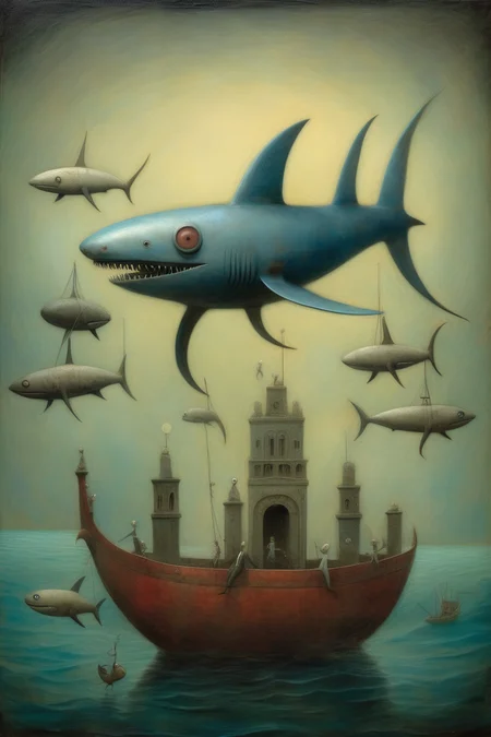 <lora:Shaun Tan Style:1>Shaun Tan Style - A blue shark octopus hybrid performing the blue shark ritual dance of the eternal night