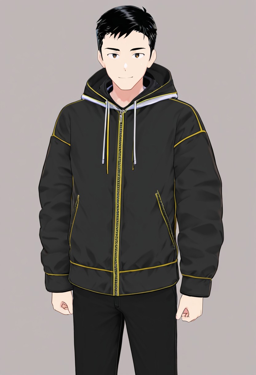 harmard, black hair, short hair, brown eyes, 1boy, solo, solo focus, jacket, black pants, young man, youthful