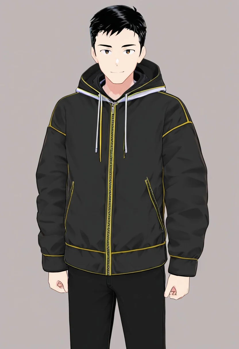 harmard, black hair, short hair, brown eyes, 1boy, solo, solo focus, jacket, black pants, young man, youthful