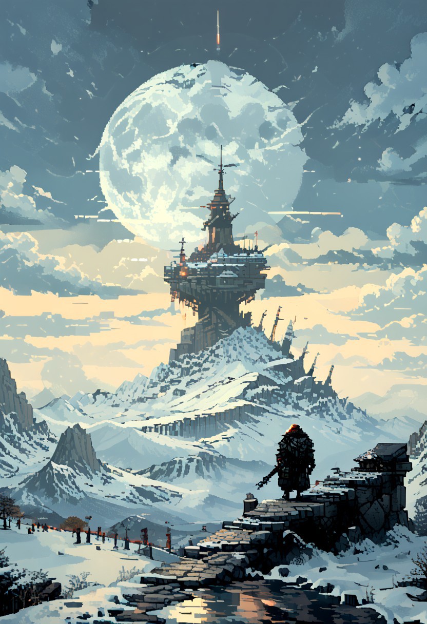 score_9, score_8_up, score_7_up, yamer_pixel_fusion, pixel art, 
A goddess looks towards The summit of a snowy mountain, reached only by the most devoted. A stone platform overlooks the world below, where rituals are held to call upon the power of the wind and sky, surrounded by towering ice spires., 
in the style of a vintage, high-contrast setting, dark and mysterious atmosphere. Resplendent spotlighting, Emphasize theatrical elements with bursts of bright colors against dark, moody backgrounds
, retro futuristic, atompunk, hyper-detailed, scifi, lofi, d3p1x3l, pixel art, a broken moon hangs in the sky