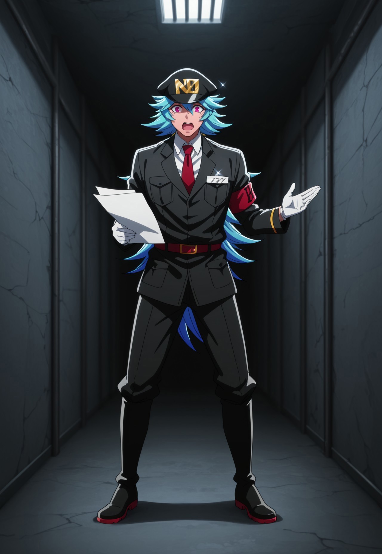 masterpiece, best quality, amazing quality, very aesthetic, absurdres, dynamic angle, ultra-detailed, highly detailed, cinematic lighting, realistic shading, BREAK
indoors, prison, corridor, sparkling aura, standing, holding paper, panicking, full body, BREAK
NBSeitarou, 1boy, blue hair, long hair, spiked hair, flipped hair, low ponytail, pink eyes, 
black peaked cap, name tag, kanji, black military jacket, white collared shirt, red necktie, layered clothes, white gloves, red belt, red armband, number, black pants, pants tucked in, black knee boots,