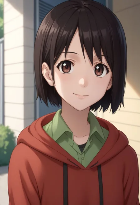 score_9, score_8_up, source_anime, highly detailed, 1girl, solo
misaki, 1girl, solo, brown eyes, short hair, black hair, hood, hoodie, red hoodie, shirt, green shirt, upper body, hood down, closed mouth, collared shirt, smile,
outdoor,