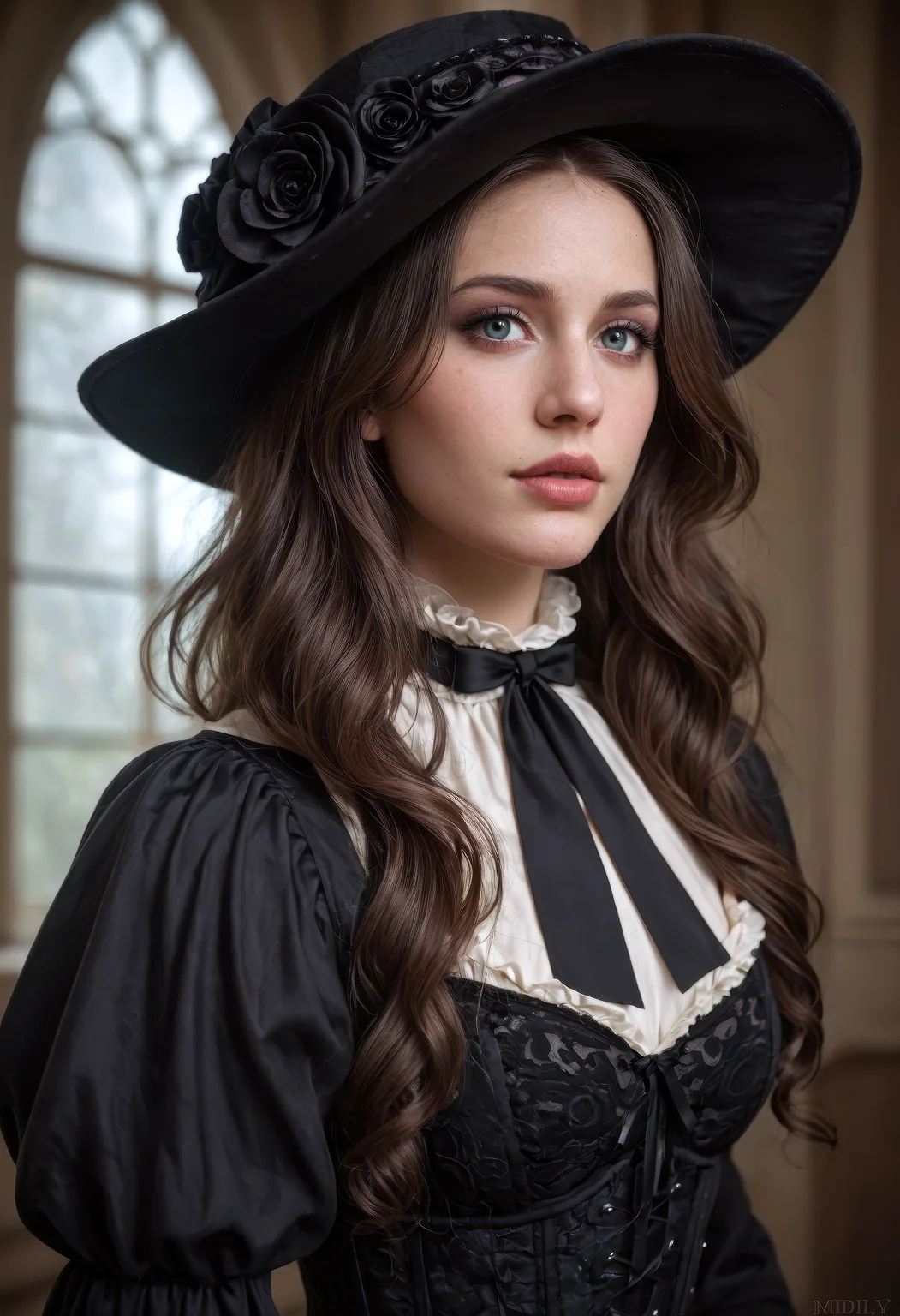 score_9, score_8_up, score_7_up, (masterpiece, best quality, ultra-detailed, realistic), a Victorian-era gothic woman standing elegantly, (wearing a wide-brimmed black hat:1.2), long flowing Victorian dress with intricate lace details and a (tight corset:1.1), pale skin, all-black clothing, dark and mysterious atmosphere, her expression calm yet haunting, standing in front of a dimly lit Victorian mansion, high contrast between her pale skin and dark attire, 8k resolution, cinematic lighting, medium shot, detailed face and fabric, side view, gothic elegance, eerie mood