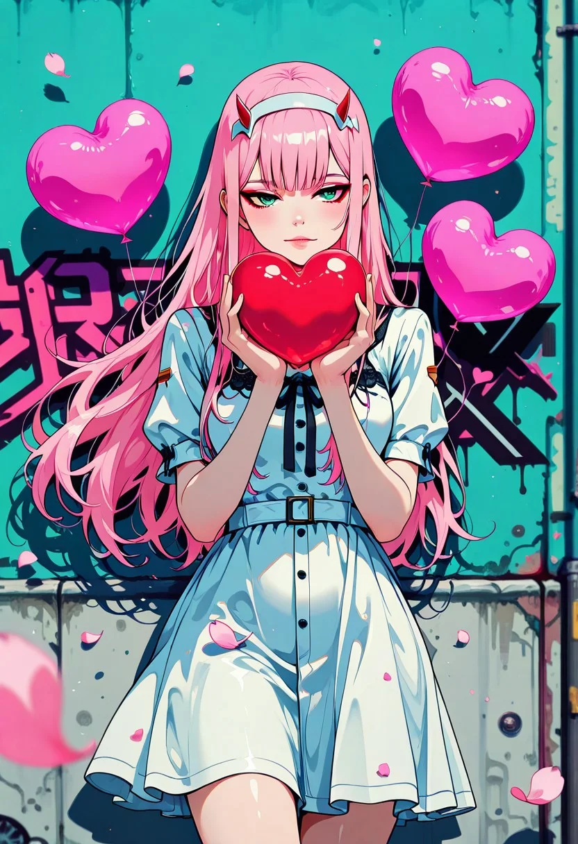masterpiece, best quality, good quality, very aesthetic, absurdres, newest, 8K, depth of field, focused subject, in the style of cknc, artist:moriimee, in the style of cksc, hrtdrp, Hearts Drips, BREAK
Zero Two (Darling in the Franxx, summer dress, holding heart-shaped floating balloons by a string, walking past a wall with anime graffiti under sakura trees, ((falling sakura petals)), outdoors