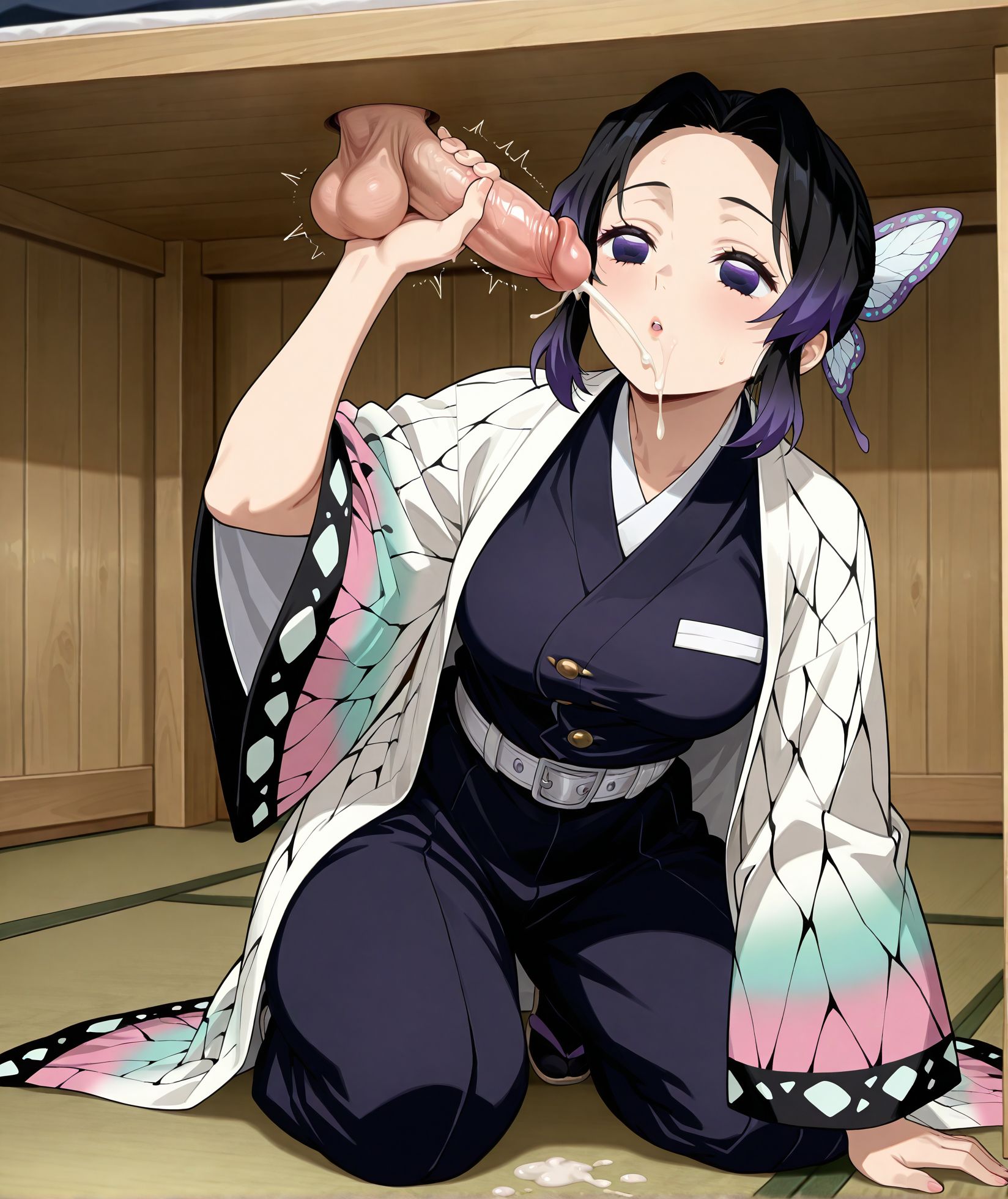 masterpiece, best quality, newest, absurdres, highres, detailed eyes, beautiful, detailed background, perfect eyes, anime coloring, anime screencap,
<lora:add-detail-xl:0.5>
<lora:Milking_Table:0.8> Milking_TableV1, under table, testicles, 
1girl,kneeling on the floor, hand job, cumdrip, projectile cum, 
head tilted up, intense focus, motion lines, motion blur, cum on body, 
large erect penis protruding from an overhead glory hole in the upper wall, 
BREAK
japan room ,tatami,wooden wall,  
kimetsu no yaiba,  japanese clothes, kimono, 
kochou shinobu,
20YO,milf,official art,