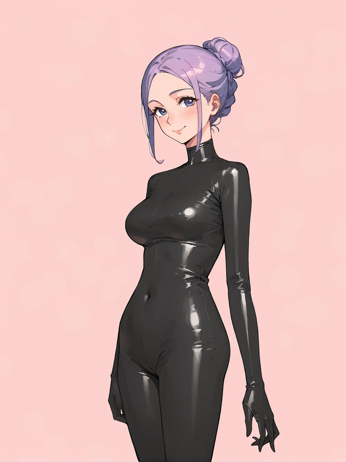 score_8_up, score_7_up, score_6_up, source_anime, 1girl, solo, simple background, pink background,
standing, pose, contrapposto, arched back, cowboy shot, facing viewer
smile, mature female
latex bodysuit, black latex, <lora:Latex_Bodysuit:1>