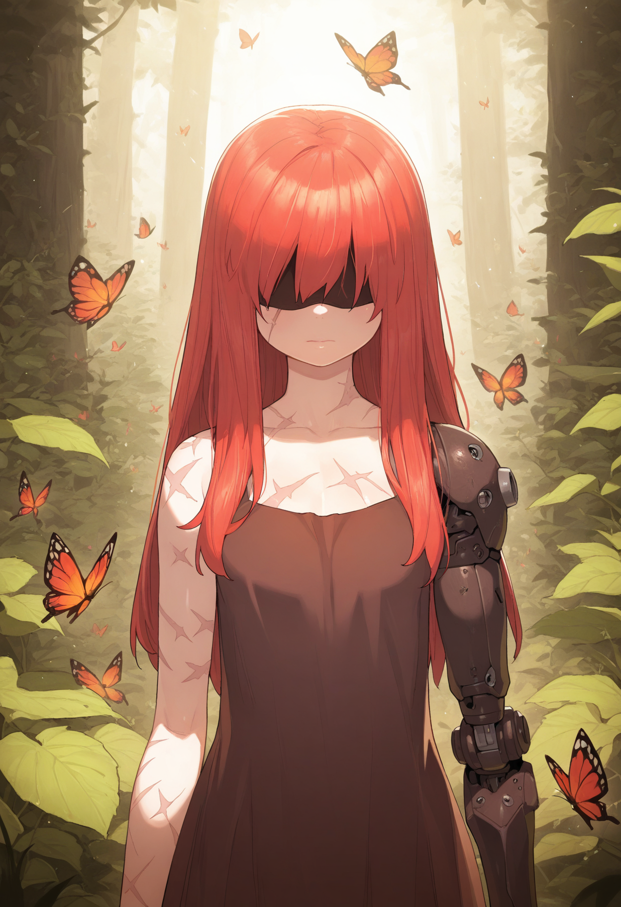 masterpiece,best quality,amazing quality,
1girl, solo, long hair, red hair, prosthetic arm, prosthesis, dress, mechanical arms, scar, single mechanical arm, closed mouth, bug, butterfly, upper body, brown dress, covered eyes,
<lora:Henrybird:1>