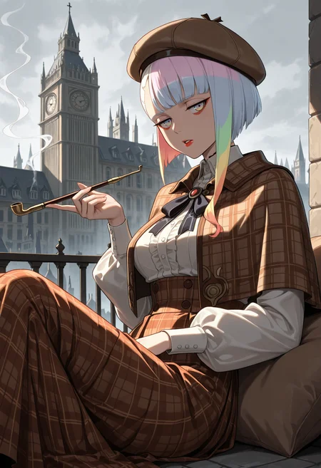 masterpiece, best quality, highres, absurdres, very awa, 1girl, solo, multicolored hair, asymmetrical hair, red eyeliners, red lips, detective, plaid clothes, capelet, collared shirt, high-waist skirt, long sleeves, plaid capelet, plaid skirt, puffy sleeves, beret, victorian, outdoors, sitting, from side, reclining, multicolored eyes, town, european architecture, london, grey sky, looking at viewer, knees up, holding smoking pipe, smoking pipe, bored, jitome, parted lips, masterpiece, best quality, highres, absurdres, very awa, 1girl, solo, multicolored hair, asymmetrical hair, red eyeliners, red lips, detective, plaid clothes, capelet, collared shirt, high-waist skirt, long sleeves, plaid capelet, plaid skirt, puffy sleeves, beret, victorian, outdoors, sitting, from side, reclining, multicolored eyes, town, european architecture, london, grey sky, looking at viewer, knees up, holding smoking pipe, smoking pipe, bored, jitome, parted lips, cyberpunk
