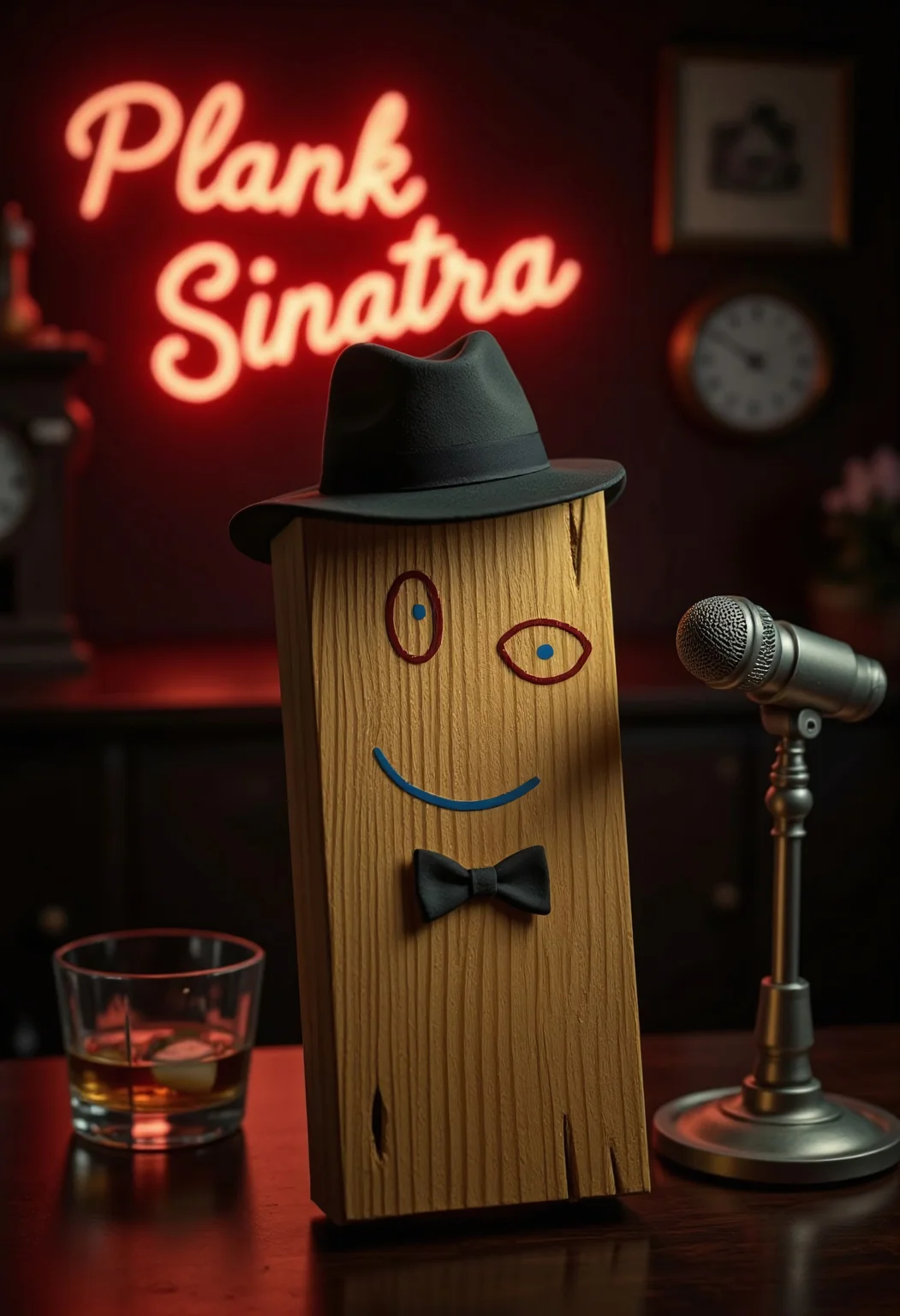 A photorealistic vintage-style image featuring Plank with an expressive face, wearing a classic fedora and a bowtie. The scene has a nostalgic lounge vibe with subtle hints — a whiskey glass and an ashtray in the background. An old-school, vintage microphone is placed before Plank. In the background A neon text sign, in retro lettering boldly reads "Plank Sinatra" Focus solely on the plank with the fedora, capturing a moody, timeless atmosphere