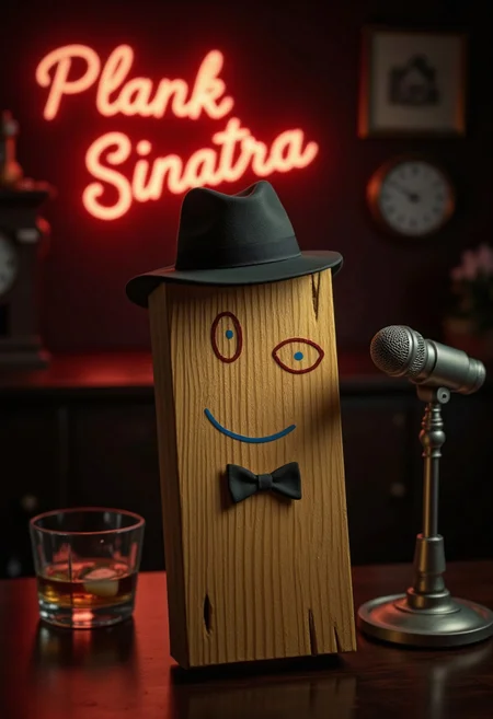 A photorealistic vintage-style image featuring Plank with an expressive face, wearing a classic fedora and a bowtie. The scene has a nostalgic lounge vibe with subtle hints — a whiskey glass and an ashtray in the background. An old-school, vintage microphone is placed before Plank. In the background A neon text sign, in retro lettering boldly reads "Plank Sinatra" Focus solely on the plank with the fedora, capturing a moody, timeless atmosphere