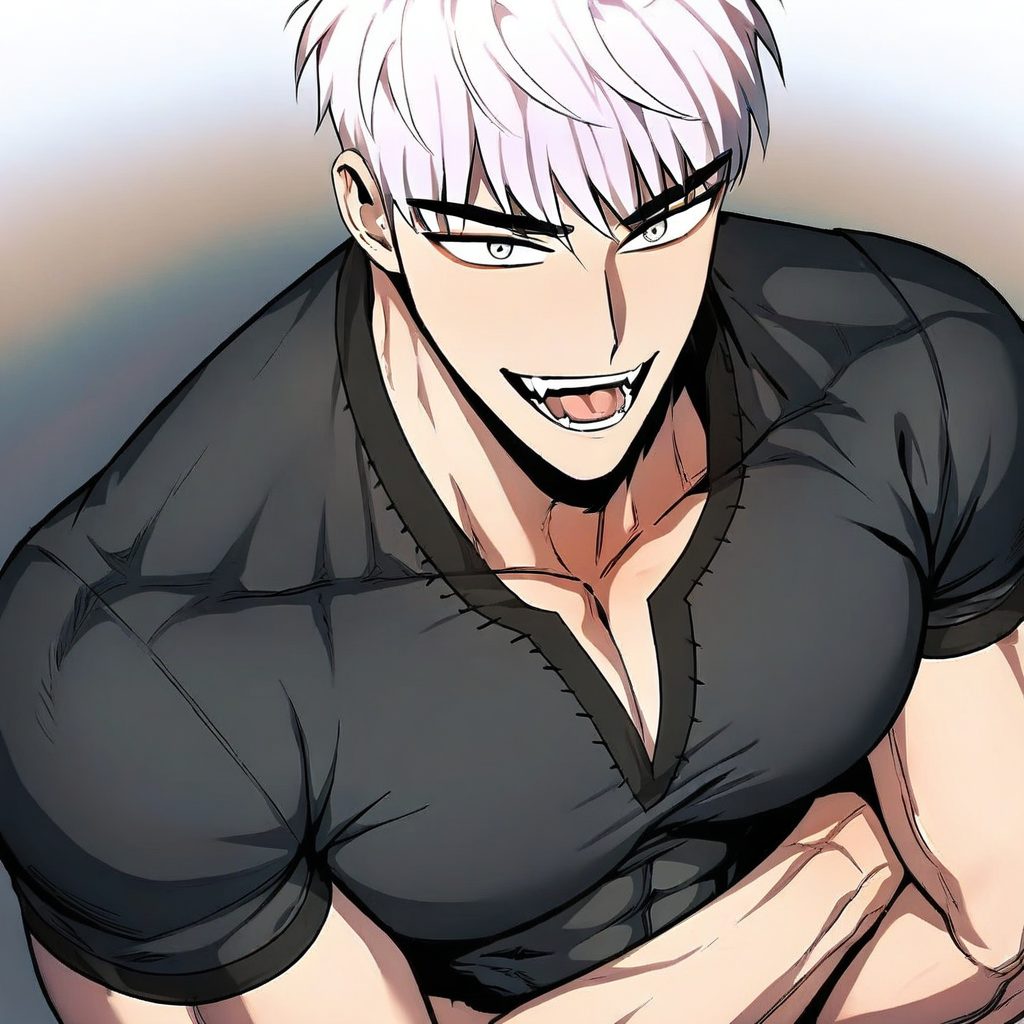 amazing quality, perfect anatomy, manhwa, slightly from above angle, centered view, medium shot, upper body, looking at viewer, solo, male focus, black shirt, zephyr, white hair, muscular, large pecs, biceps bulging, perfect abs, smile, open mouth, fangs, teeth, tongue, crossing arms, plain background