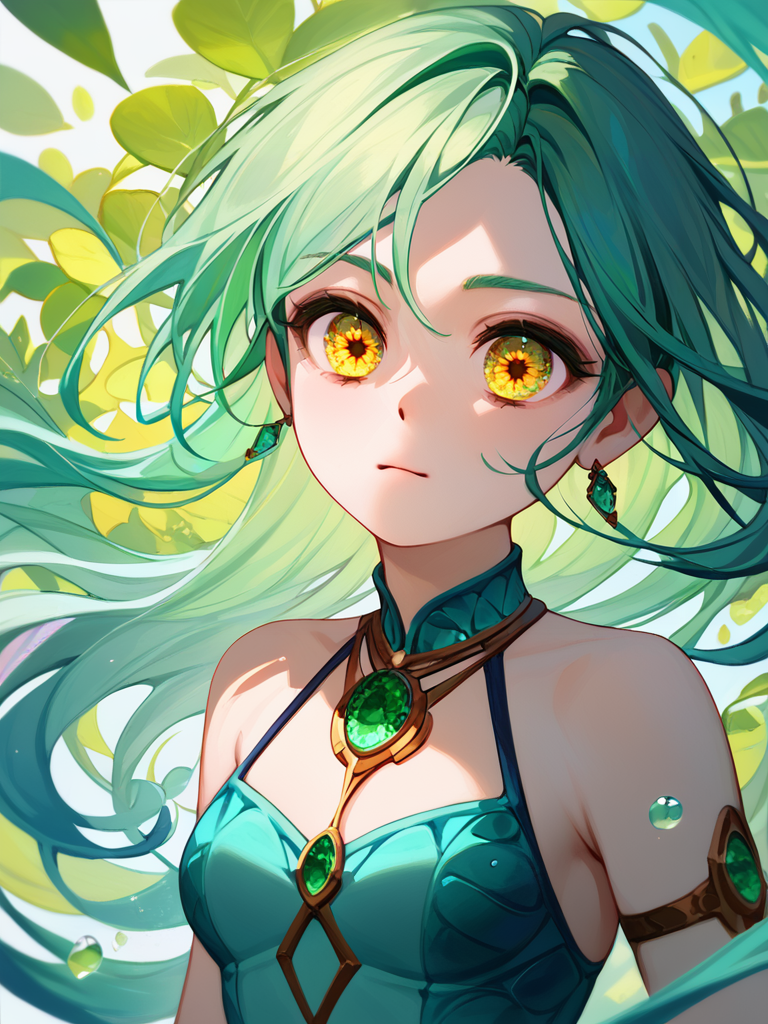 PDXL, <lora:OpalEyesV1Pony:1>, opal_eyes, 1girl, cute face, detailed eyes, long green hair, detailed yellow eyes, portrait, floating
