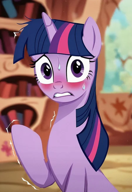 score_9, score_8_up, score_7_up, score_6_up, score_5_up, score_4_up, rating_safe, (masterpiece), (extremely intricate:1.3), (animated screencap), anime portrait of Twilight Sparkle, unicorn, female, mare, pony, solo, surprised, blushing, my little pony, upper body, sharp focus, show accurate, g4, detailed, beautiful, blurry background, indoors, golden oaks library, nervous laughter, looking at viewer, adorkable, purplesmart, giddy, excited, f1dg3tingXL, fidgeting, nervous, shy, trembling, motion_lines, sweat,