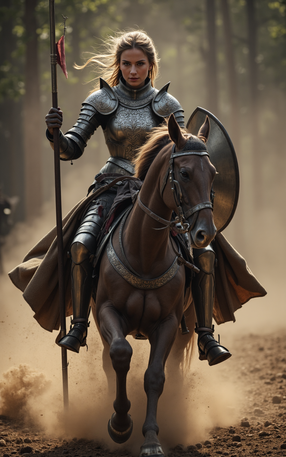 dramatic frontal shot of a fierce female knight in full plate armor on horseback, charging forward with a heavy jousting lance lowered, ornate steel armor with engraved breastplate accentuating her curves, large shield raised, warhorse clad in barding, dust and energy flying from hooves, candid photorealism, high-speed motion blur




fmlas-mk.1



