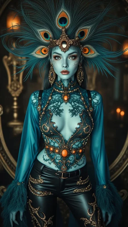 <lora:zkeleton_flux.safetensors:1> zkeletonSubject: A digitally created fantasy portrait of a captivating woman.
Setting: A mystical, otherworldly realm, evoked by the ornate decorations and exotic attire.
Wardrobe: The subject wears an ensemble that showcases her bold style. She sports a fearless, see-through blouse with intricate lace details in shades of blue and orange, matching the colors of the peacock feathers on her headpiece. The fabric appears to be a semi-sheer material, allowing glimpses of her skin underneath. The design is intentionally revealing, accentuating her curves while maintaining a level of mystique.
Her bold leather pants are adorned with elaborate, metallic studs in a pattern resembling peacock feathers, adding an edgy touch to the overall appearance. The pants themselves appear to be high-waisted, with a flared design that emphasizes her toned legs and hips. A delicate belt cinches at the waist, securing the pants while highlighting her narrow figure.
Makeup: Her skin is a radiant light blue hue, providing an ethereal contrast to the vibrant peacock-inspired aesthetic surrounding her. The makeup itself is intricate, featuring delicate feather patterns on her cheeks, forehead, and eyelids in shades of orange, gold, and indigo. A subtle sheen has been applied to her lips, amplifying their natural fullness.
Accessories: A majestic headpiece crowns the subject's head, constructed from a fusion of peacock feathers, gemstones, and otherworldly materials. The overall design is an homage to the majesty and mystery of the peacock, with the gemstones adding an air of opulence. Her piercing yellow eyes appear striking against her light blue complexion, drawing attention to their mesmerizing intensity.
This captivating woman's serene yet piercing gaze has a regal quality, transporting viewers into her mystical realm.