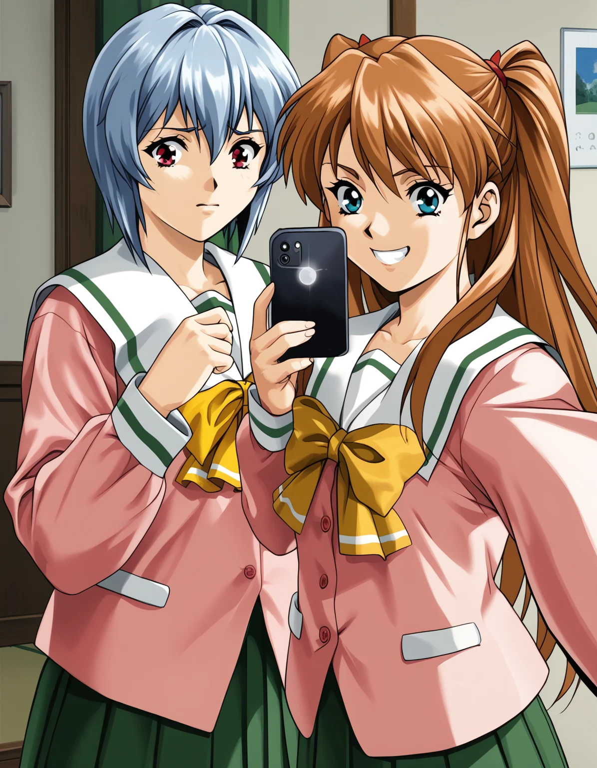 score_9, score_8_up, score_7_up, <lora:shuusaku-v2-ponyxl-000016:0.8> 2girls, selfie, upper body,
2girls, torii, upper body, ayanami rei, serafuku, pink shirt, yellow bow, pleated skirt, green skirt, worried
2girls, selfie, torii, upper body, souryuu asuka langley, serafuku, pink shirt, yellow bow, pleated skirt, green skirt, smile