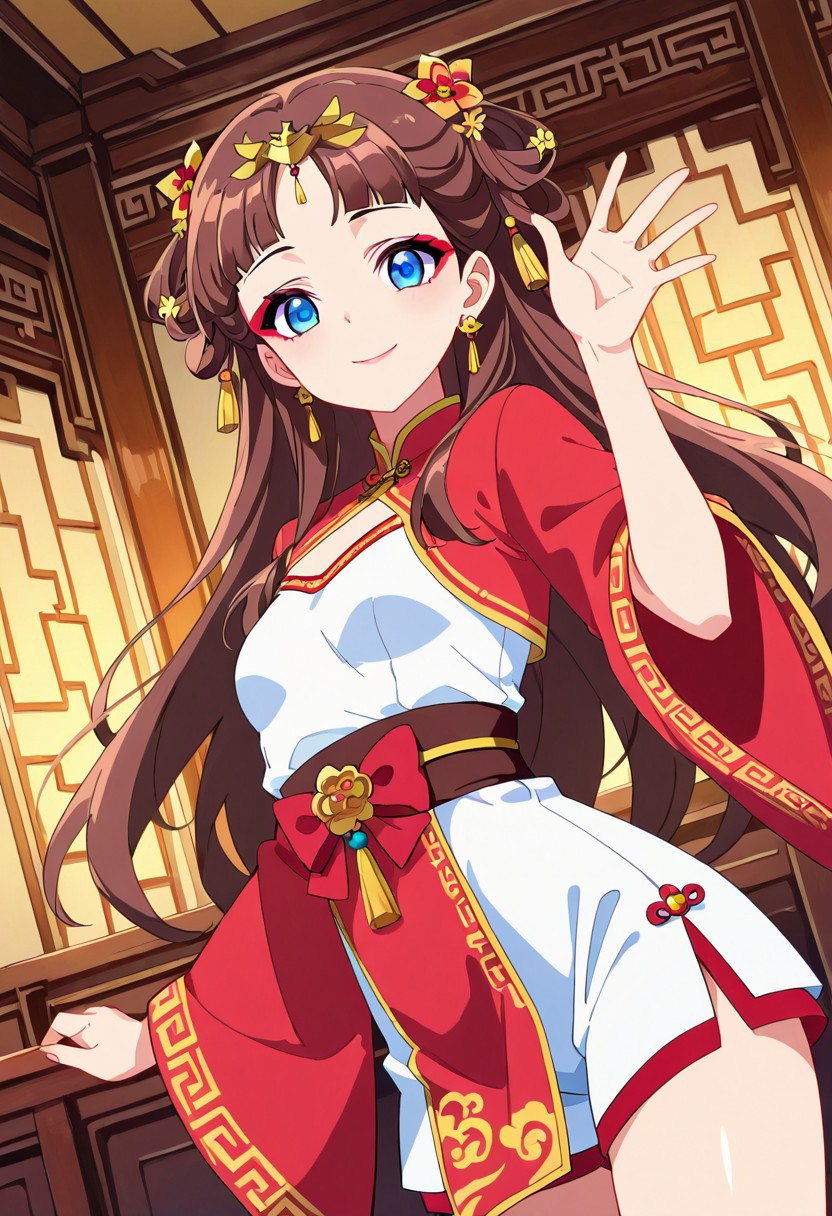 general,highres, ultra-detailed,very aesthetic,best quality ,best hands,best eyes,easynegative,
dynamic anglre, dutch angle, anime cloring,
1girl solo,looking at viewer,indoors,chinese castle,smile,waving hand,
lishu,brown hair,blue eyes,hair ornament,small breasts,short body,makeup,