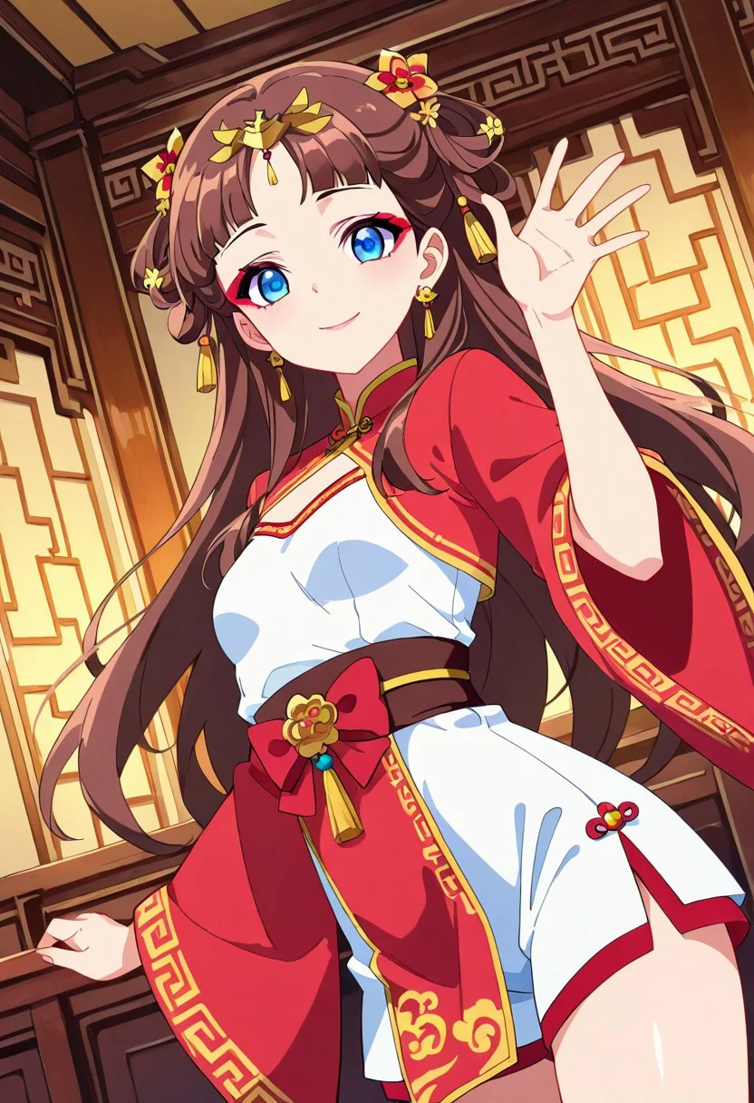 general,highres, ultra-detailed,very aesthetic,best quality ,best hands,best eyes,easynegative,
dynamic anglre, dutch angle, anime cloring,
1girl solo,looking at viewer,indoors,chinese castle,smile,waving hand,
lishu,brown hair,blue eyes,hair ornament,small breasts,short body,makeup,