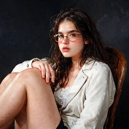 score_9, score_8_up, score_7_up, (ultra HD quality details),
dark background,
sitting on chair, posing for photo, looking at viewer, crossing legs,
1girl, nerdy girl,
long black hair,
blue eyes, white sclera, glasses,
blushing,
long legs, busty,
white shirt, black skirt, pantyhose,
black platform pumps,
white trench coat,
