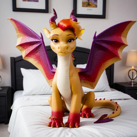 score_9, score_8_up, score_7_up, score_6_up, score_5_up, score_4_up, masterpiece, high quality, realistic, detailed, best quality, white bed, solo, rating_safe, source_furry, bedroom, smiling, seductive, looking at viewer, sitting on bed, spread wings, luxxe_mlpg5, dragon, yellow scales, purple wings, horns, claws, orange hair, tail, female, 1girl, purple eyes, feral, (red feet, red claws:1.1)