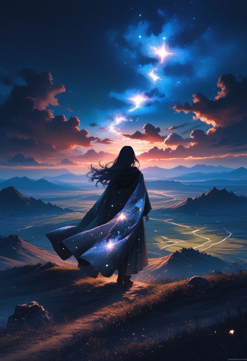 lazyup7, source_anime, landscape, sky, night, 1girl, silhouette, view from behind, galaxy cloak, long hair, wind