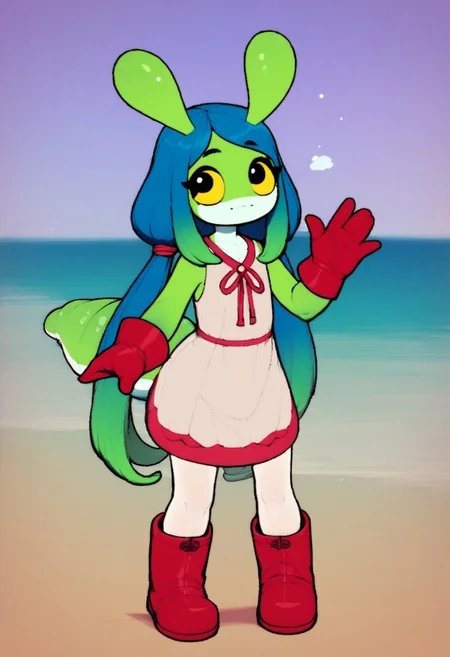 score_9,score_8_up,score_7_up,1slug,solo,dim lighting,,colored skin,green skin,multicolored skin,long hair,gradient hair,blue hair,long twintails,animal ears,:3 mouth,young,child, gloves,slug,source_furry,child, cute, slug eyes,white belly, snout,cute,eyelashes, flat chested,wide hips, stubby big tail, slimy body, happy,beautiful eyes, standing in the beach,red boots,long stubby tail, leather gloves,white dress,white pantyhose ,sea slug,cute,black eyes, yellow sclera, eyelashes, slug eyes, slug antennas,:3 face, waving to the viewer,dress with frills,
By kekitopu