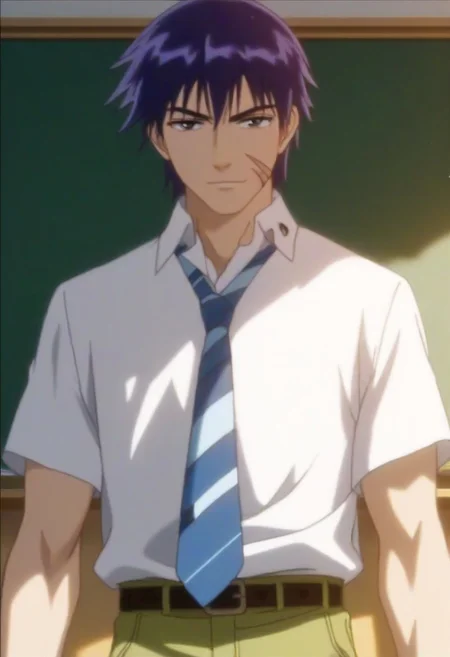 ((masterpiece)), ((best quality)), ((ultra-detailed)), ((absurdres)), score_9_up, score_8_up, score_7_up,
HD, top quality, best quality, amazing quality, High-quality illustrations, anime screencap, source_anime, best aesthetic, perfect proportions, perfect eyes, 1boy, 1male, solo boy, solo male, male focus, solo male focus, Anime, boy, male anime character, anime boy, handsome, cute, charming, sexy, good-looking, Hisaya Miki, purple-black hair, black-gray eyes, moles under eyes, face scars, white collared shirt, striped necktie, belt, green pants, ((lean body)), ((tall body, tall height)), ((school classroom background)), ((cowboy shot, head to hips shot)), ((front view, facing front, looking at viewer)), easynegative, updn, Expressiveh, masterpiece, best quality, very aesthetic, absurdres