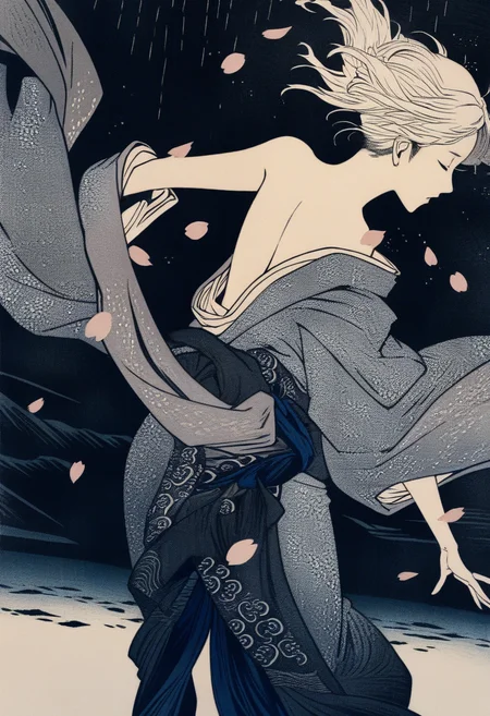 cherry blossoms in a dark storm, light and shadow, a girl in kimono and dancing, cherry petals flying in the air, wind and rain, dynamic angle, close-up shot, (best quality), woodcuts, highly detailed, KHsty-XL <lora:KHsty-XL-v3-AN:0.7>