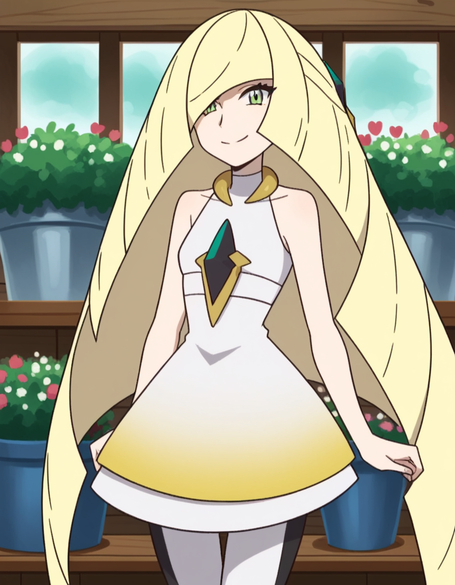 score_9, score_8_up, score_7_up, source_anime, <lora:pokemon-lusamine-anime-ponyxl-lora-nochekaiser:1>, pokemonlusamine, blonde hair, green eyes, hair over one eye, long hair, multicolored hair, streaked hair, very long hair,, bare arms, diamond (shape), dress, gem, green gemstone, leggings, short dress, sleeveless, sleeveless dress, white dress, white leggings,, gardening, watering plants, backyard, flowers blooming, sunny day,, smile, looking at viewer, solo,, cowboy shot, dutch angle