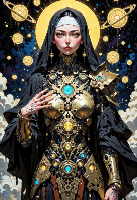 (in Otomo Katsuhiro style:1.2), masterpiece, high-quality, A biomechanical nun adorned in metallic robes embedded with slowly rotating gears and pulsing circuitry, each symbol etched with ancient script, Hovering glowing disks orbit her like planets around a star casting geometric patterns across her face, Her gaze is serene and she raises a hand as if blessing the surrounding space with energy, mechanical divinity, techno-relic, cosmic blessing, Stylized anime with intricate textures and metallic highlights, (elaborate fine details:1.1), (hyperdetailed:1.1), (intricate details:1.0), (Refined details:1.1), (best quality:1.1), (high resolution:1.2), <lora:FLUX\Anime v1.3:0.6> <lora:FLUX\VividlyReal:0.6> <lora:FLUX\FLUX-daubrez-DB4RZ:0.4>