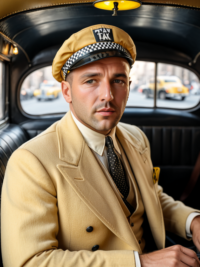 masterpiece, absurdres, high quality, ultra detailed, 4k, Detailed shadows, ultra-sharp, 8k , (best lighting),
30sglamour, 1930s, man in a taxi, looking at viewer,
 <lora:30sglamour-SDXL:1>