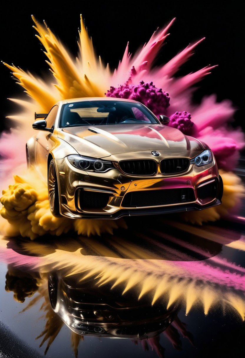 GOLD LIQUID METAL sports car, race car, racing through SILVER LIQUID METAL, liquid metal sprays up from the cars tyres, Car drifting in a black void, huge Colorful Powder Explosion above the car