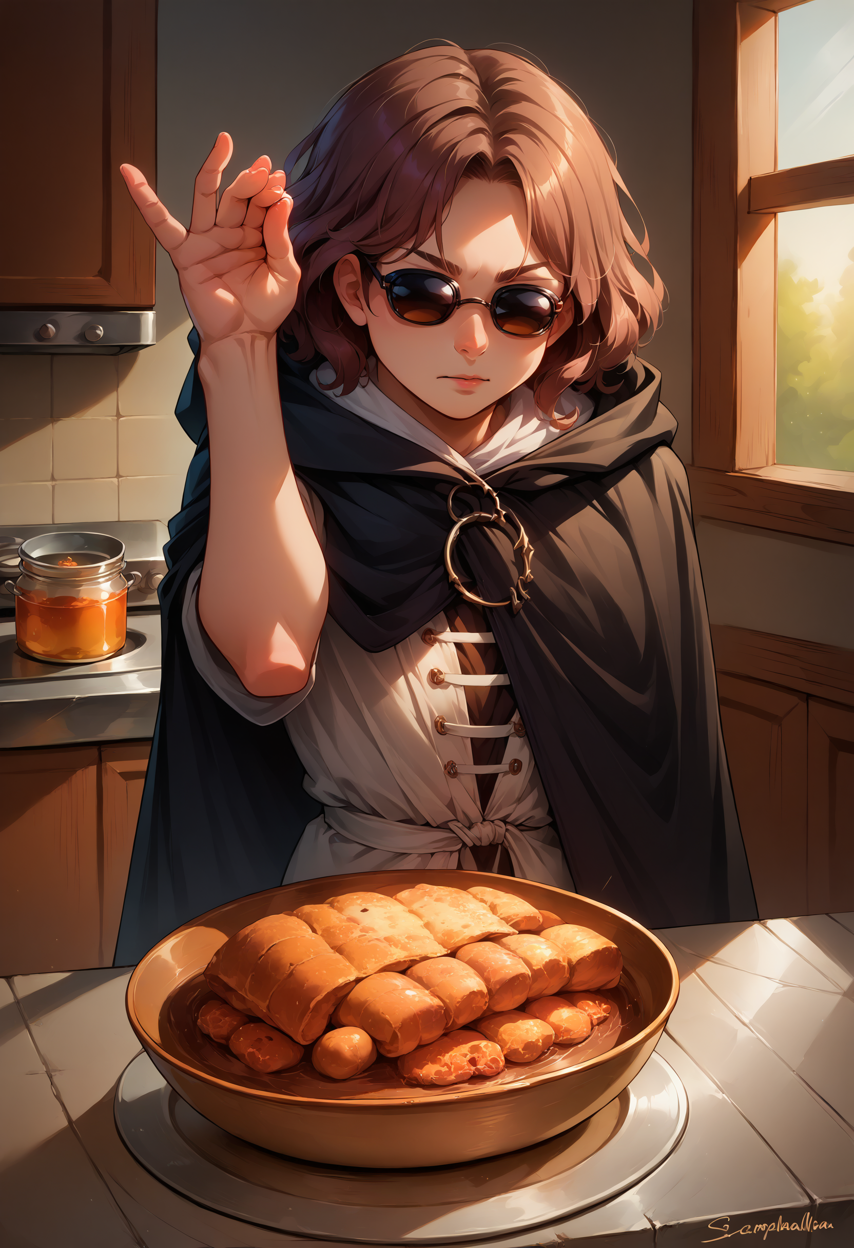 score_9, score_8_up, score_7_up, source_anime, IncrsMelina, <lora:Melina_XLPD:1>, hooded cloak, black coat, <lora:SaltBaeMeme_XLPD_CAME:1>, SaltBaeMeme, salt, sunglasses, kitchen,