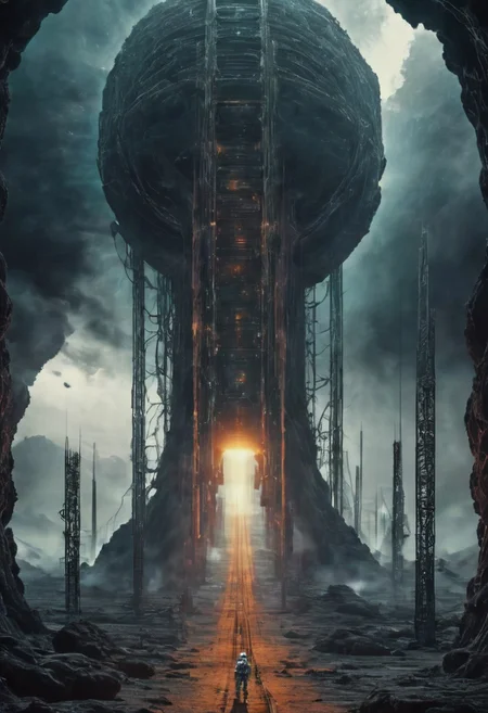 double exposure, astronaut facing the camera, digital, masterpiece, less details, EdobHorrorLandscape. vast, (detailed art), absurdres,
close up to surface of alien planet, zoomed, earie, dark, beautiful yet scary landscape, horror of stars in the sky, covered in wires, (((covered in metal pipes))), dynamic angle, (wires maze), (huge alien obelisk), highly technological, blue glow, green.
moody lights, atmospheric,