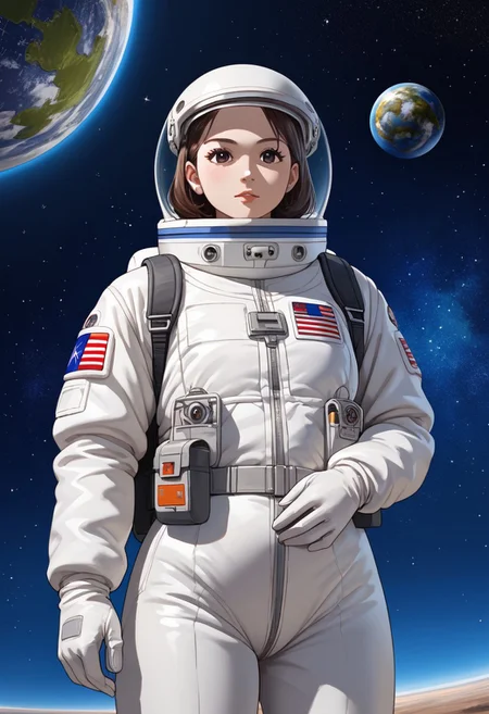 (anime), 1girl, space, meteorites, spacesuit, collecting samples, iridescent, masterpiece, score_9