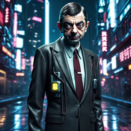 Mr Bean, cyberpunk, cyberwear, cyberpunk body, city street background, high detail, photo realisitc, cinematic lighting