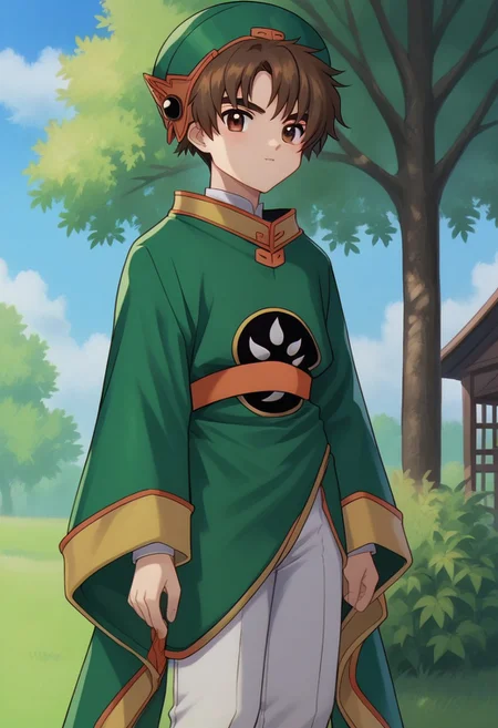 score_9, score_8_up, score_7_up, source_anime, highly detailed,
syaoran, 1boy, male focus, solo, brown hair, brown eyes, hat, green headwear, chinese clothes, shirt, white shirt, pants, white pants, robe, green robe, yin yang, long sleeves, wide sleeves,
outdoor, sky, cloud, tree