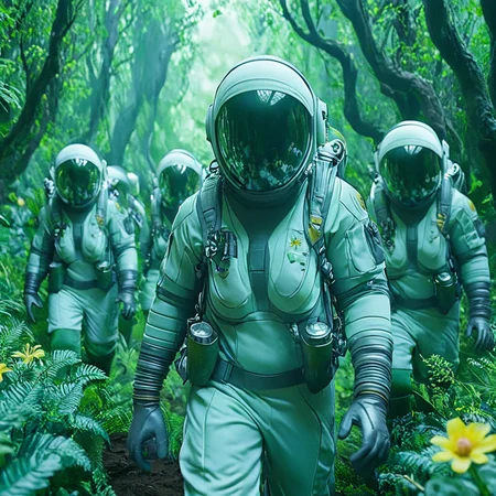 <lora:2020s_Sci-Fi_MovieSDXL:1> ArsMovieStill, Movie still from a 2020s Sci-Fi movie, The image shows a group of astronauts walking through a forest wearing spacesuits and surrounded by plants and trees. The image is animated giving the impression of movement and exploration., yellow flower, helmet, flower, nature, backpack, gloves, outdoors, walking, tree, bag