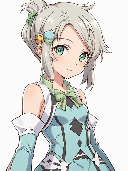 score_9, score_8_up, score_7_up,
1girl, lucy rf, grey hair, green eyes, small breasts, freckles, folded ponytail, hair ornament,
face, close-up, blue dress, bowtie, bare shoulders, detached sleeves, smile, looking at viewer, closed mouth, white background,