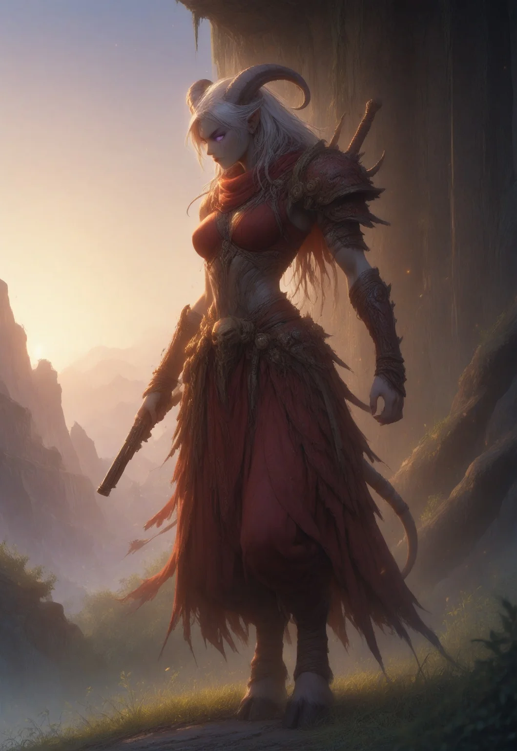 (absurdres, best quality, masterpiece:1.4), score_9, score_8_up, score_7_up, score_6_up, detailed, detailed body, detailed face, world of warcraft, fantasy,
fFaceDetail, SkinDetail, ((female, draenei, tall, athletic arms, pale white skin, smooth skin, long white hair, purple eyes, no pupil, no sclera, long white tail), (h0rns, ram horns, white horns),
(long fingers, purple fingernails, purple nail polish)),
(long loose red dress, simple armlet, black facemask, red silk scarf), GunMonk, shotgun, holding shotgun,
full body, side view
outdoor, evening, mountains, sunset