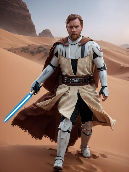 (close-up1.5) shot of General Obi-Wan Kenobi <lora:General_Obi-Wan_Kenobi:0.8> in a desert, flowing cloak, dynamic action pose, holding lightsaber, beard, facial hair, realistic, cloak, armor, smoke and fire, insanely detailed, lifelike, looking at camera, atmospheric, intricate, character photography, 8k, sharp focus, unreal engine 5, volumetric lighting, octane render, vray, character photography, Fujifilm XT3, DSLR, 50mm, ultra-realistic, hyperrealism, authentic star wars atmosphere, masterpiece, trending on artstation
