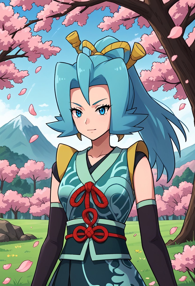 2d, 1girl, solo, upper_body, close-up, cherry blossoms, mountain, sunshine, clear sky, colorful, woods, nyclair, nycla, clair_\(pokemon\), blue_eyes, aqua_hair, ponytail. hair_ribbon, japanese_clothes, hakama, very_long_dress, detached_sleeves, hair_ribbon, red_ribbon, score_9,score_8_up,score_7_up,source_anime, masterpiece, best quality, amazing quality